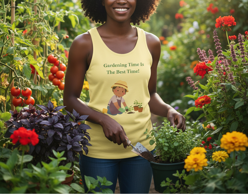 Man wearing a tank top with a gardening graphic and text on a beige background
