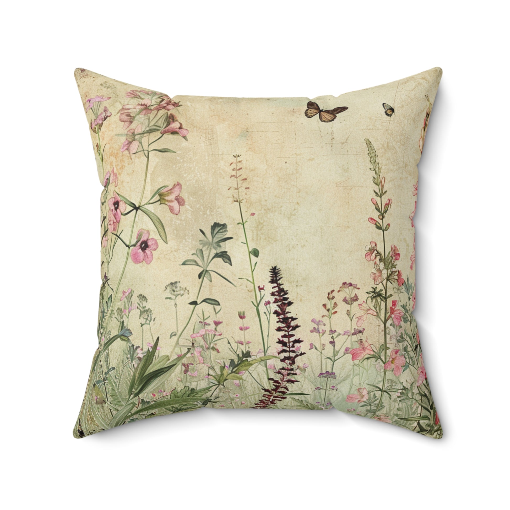 Decorative pillow with floral and butterfly design on a beige background