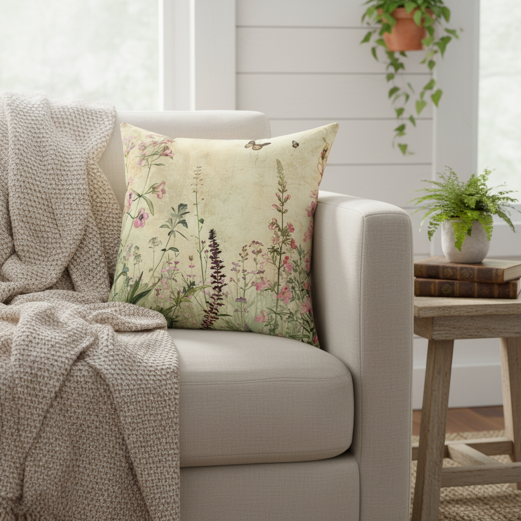 Decorative pillow with floral and butterfly design on a beige background