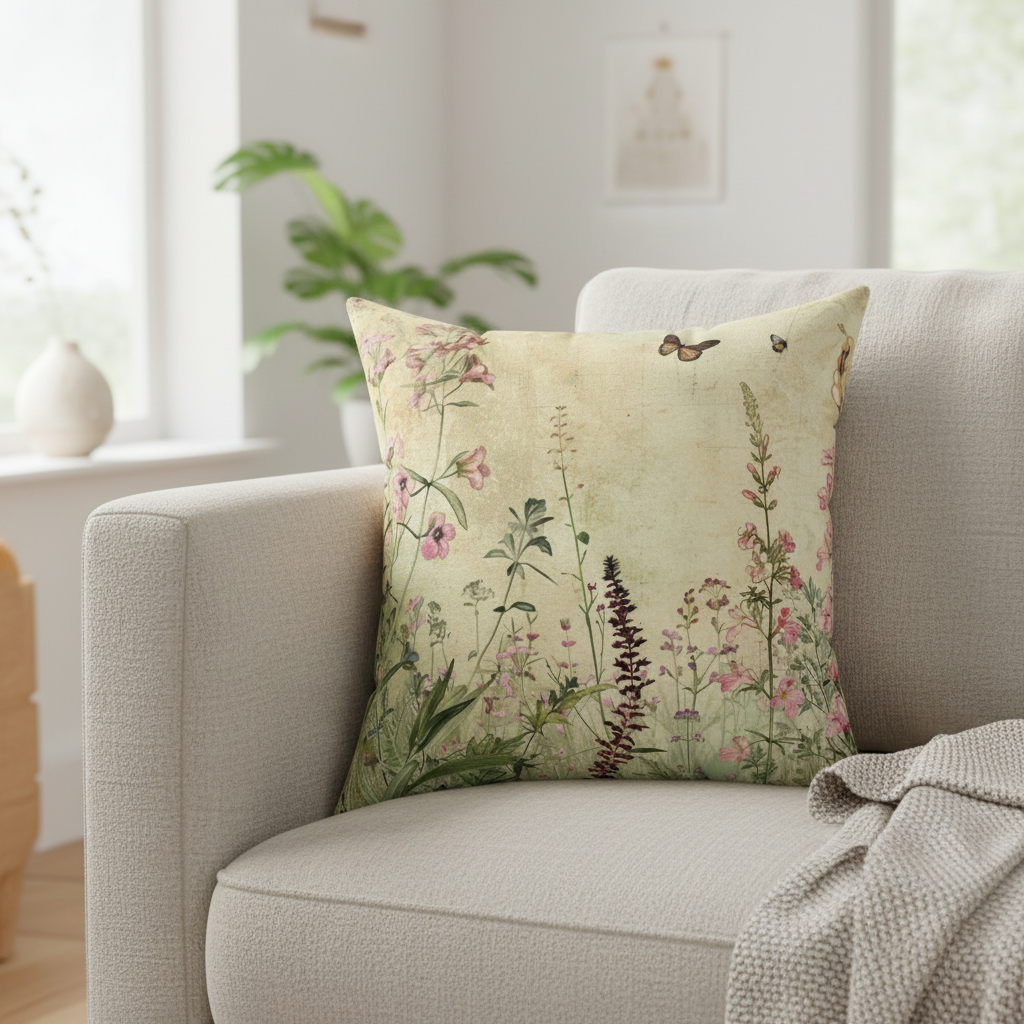 Decorative pillow with floral pattern on a beige armchair in a bright room.