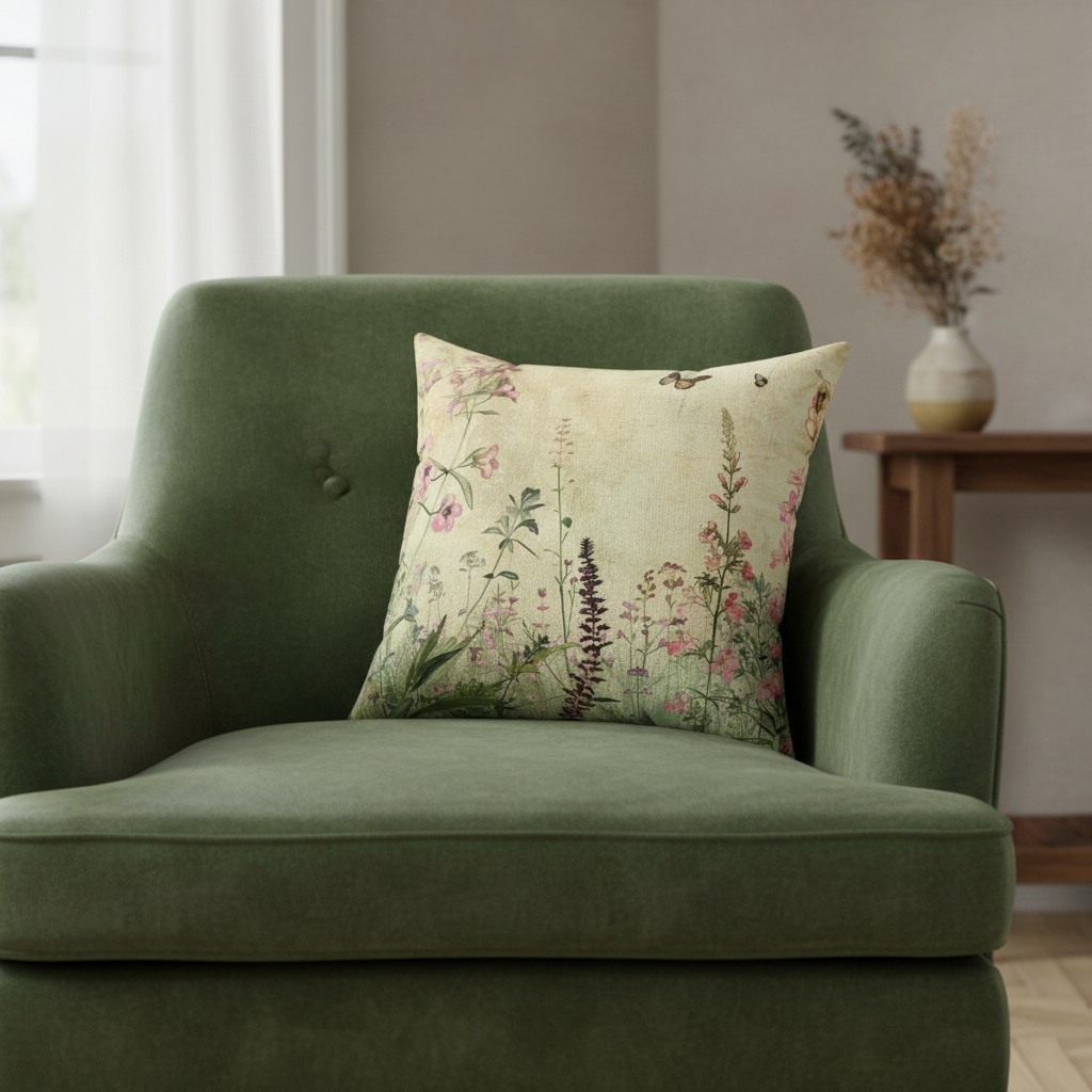 Green armchair with a floral-patterned pillow in a room with a vase on a table.