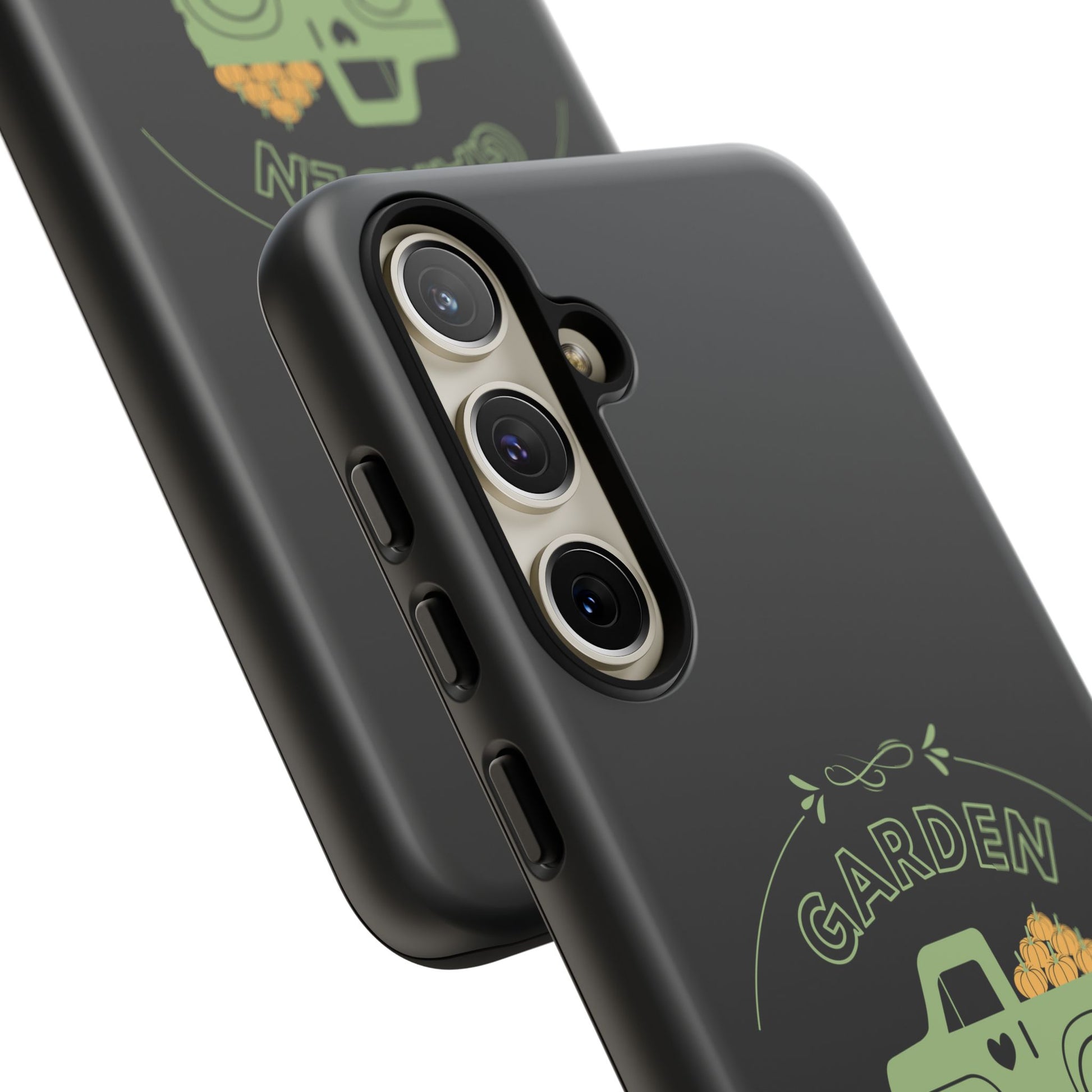 Black phone case with garden-themed design on a white background