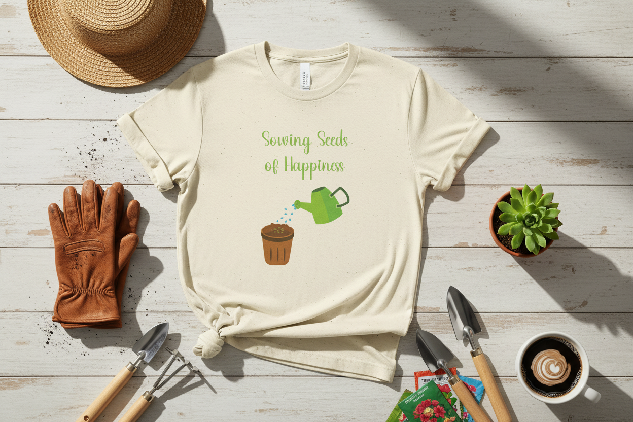 Beige t-shirt with 'Seeding Seeds of Happiness' text and graphic on a wooden surface with gardening tools and plants.