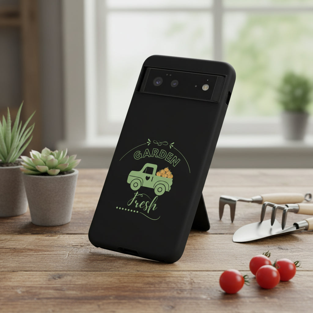 Black phone case with a green truck and 'Garden Fresh' text design.