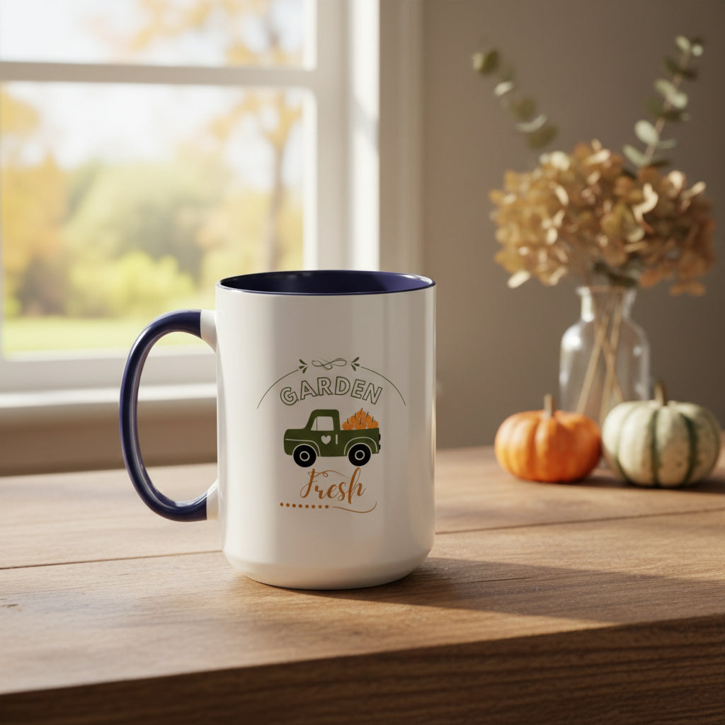 White mug with navy handle featuring a truck and 'Garden Fresh' text on a beige background