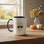 White mug with navy handle featuring a truck and 'Garden Fresh' text on a beige background