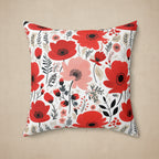 Floral pillow with red and pink flowers on a white background