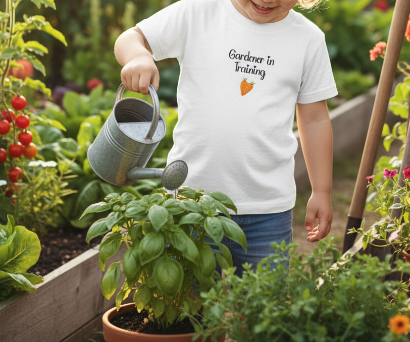 Child in a garden wearing a 'Gardener in Training' shirt, holding a watering can.