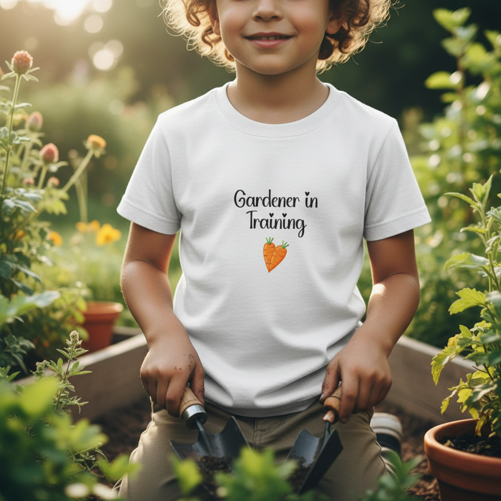Child wearing a 'Gardener in Training' shirt in a garden setting
