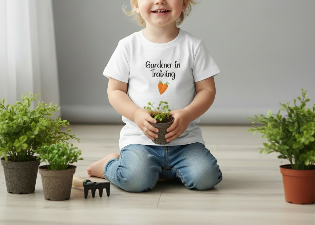 Child wearing a 'Gardener in Training' shirt holding a potted plant, surrounded by potted plants indoors.