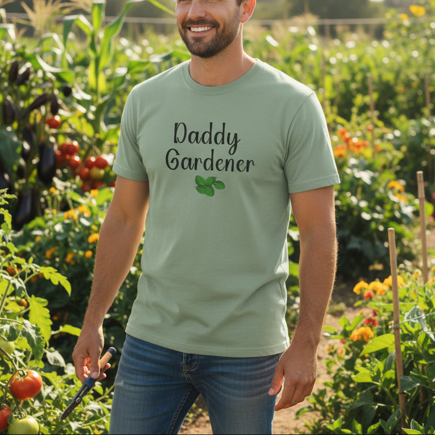 Light green t-shirt with 'Daddy Gardener' text and a leaf graphic on a beige background