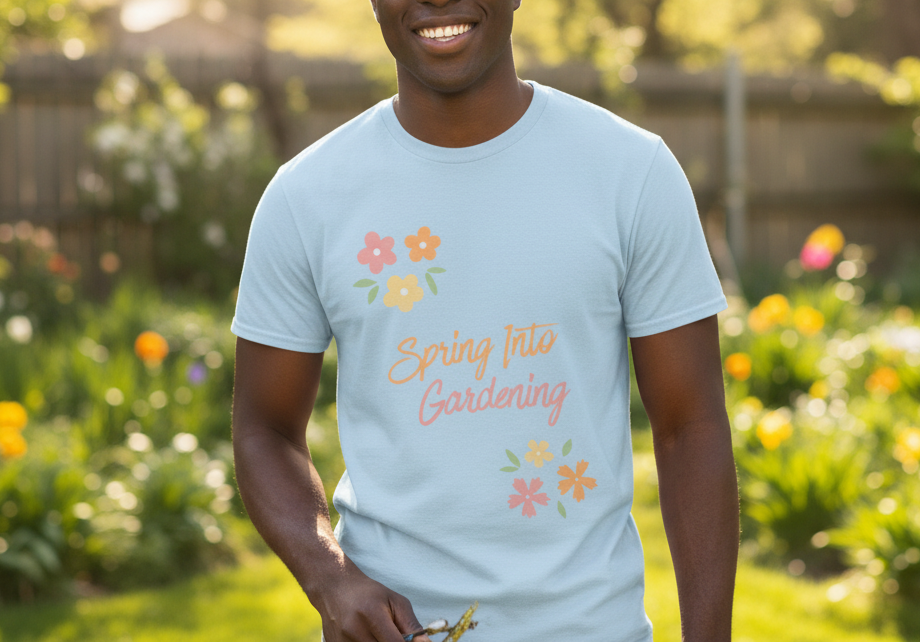 Man wearing a light blue t-shirt with 'Spring into Gardening' text and floral designs, standing in a garden.