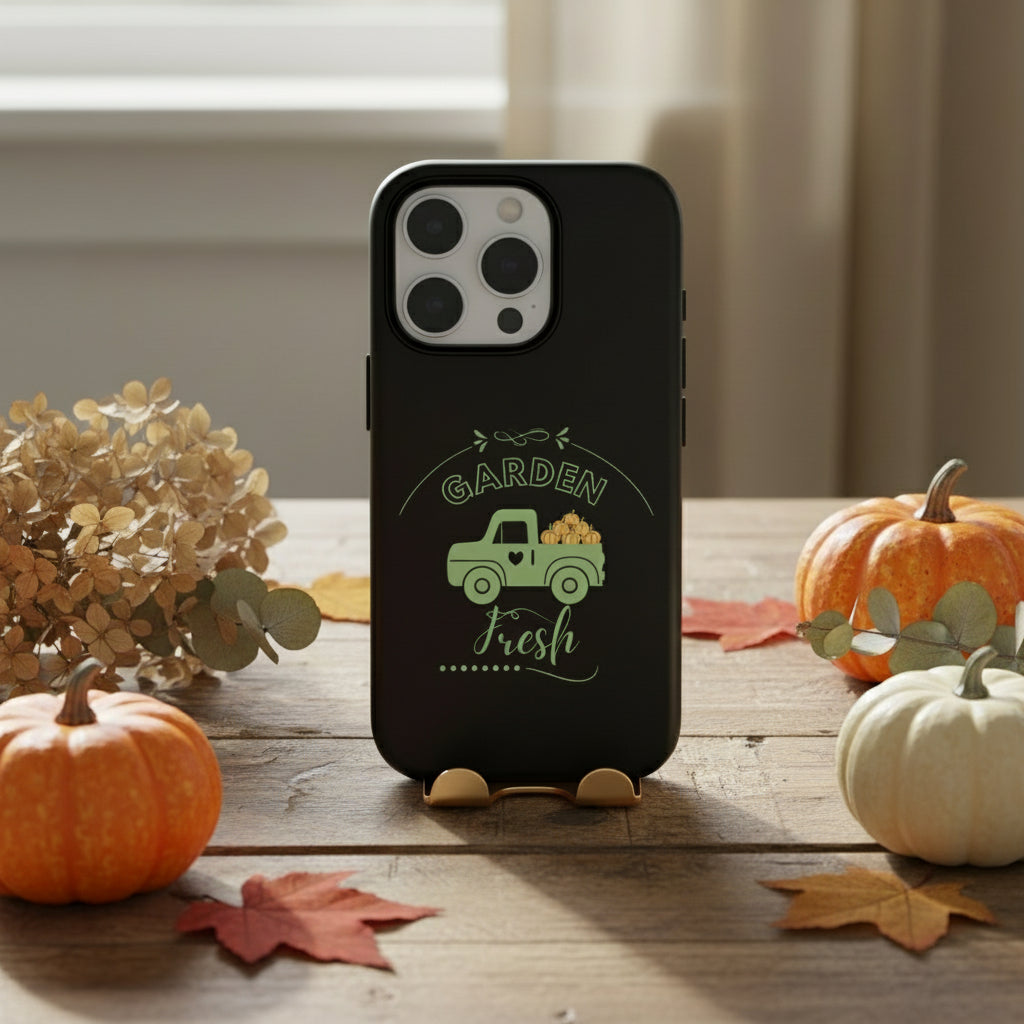 Black phone case with a green truck and 'Garden Fresh' text on a white background