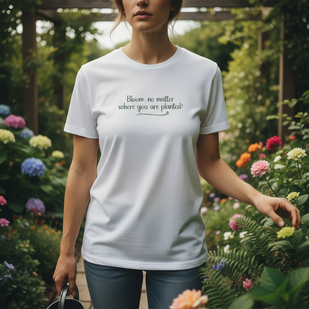 Person wearing a white t-shirt with text in a garden