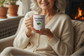 Woman holding a mug with 'Grandma Gardener' text in a cozy indoor setting.