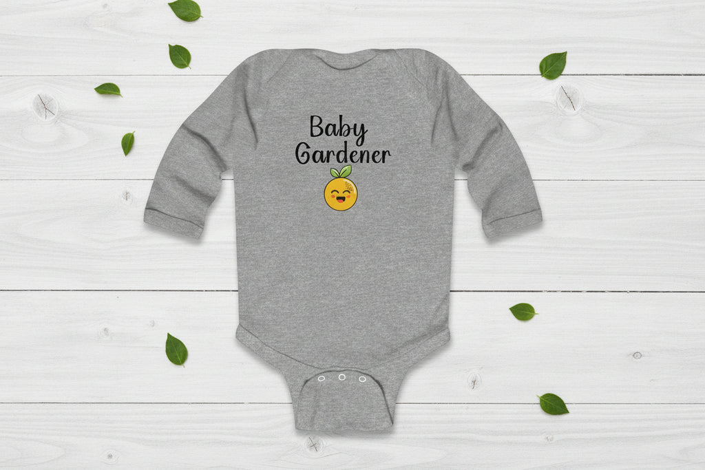 Gray baby onesie with 'Baby Gardener' text and emoji on a white background