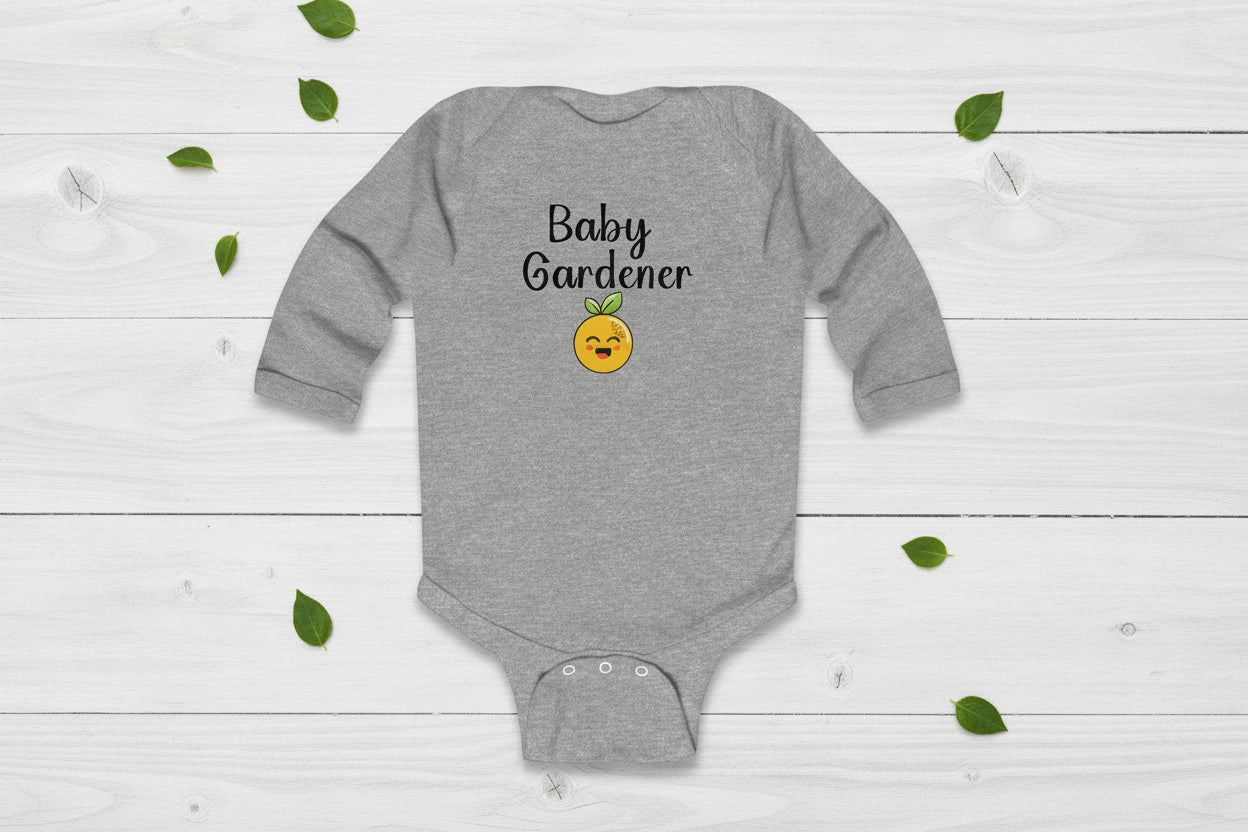 Gray baby onesie with 'Baby Gardener' text and emoji on a white background