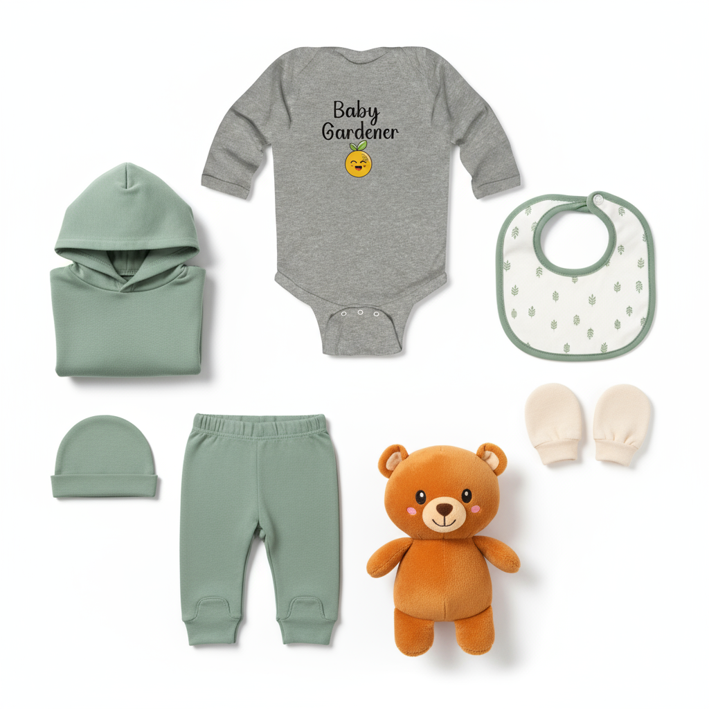Gray baby onesie with 'Baby Gardener' text and emoji on a white background