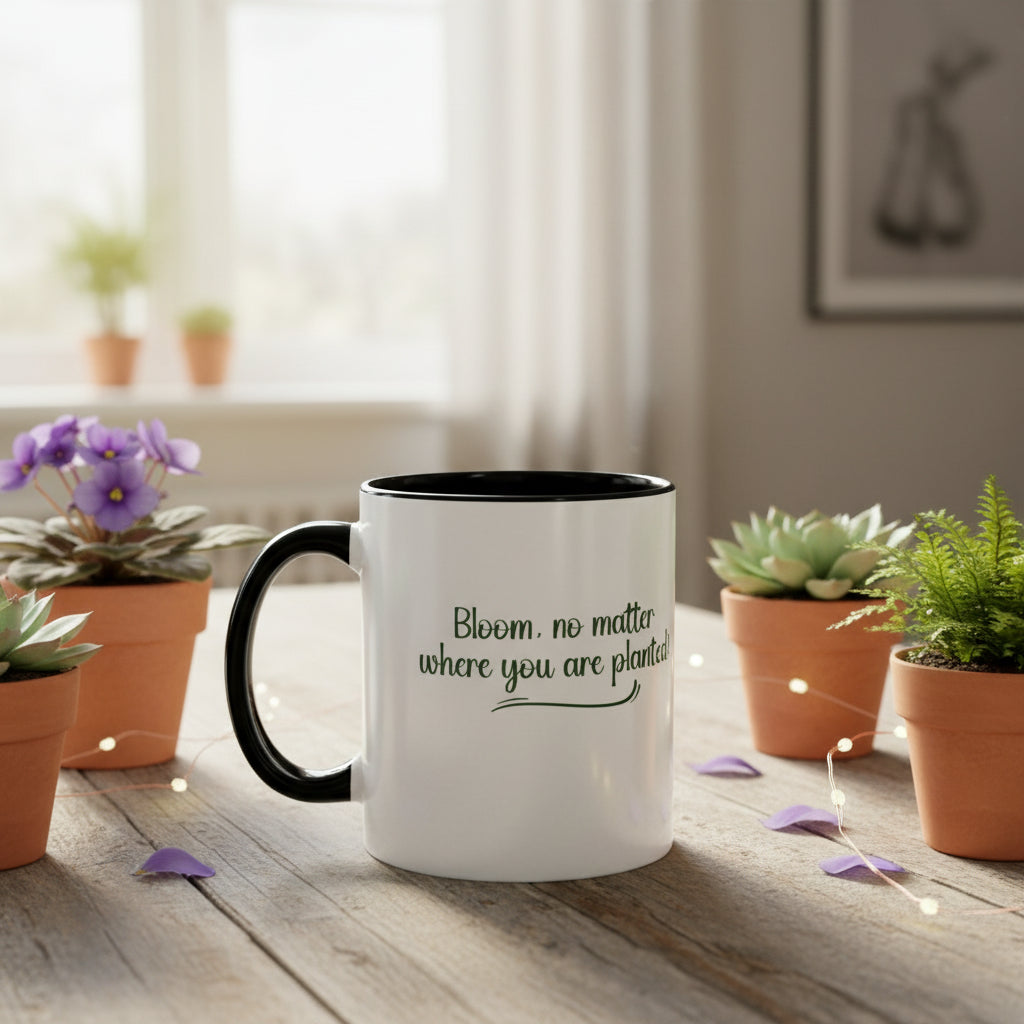 White mug with black interior and handle, featuring text on a beige background