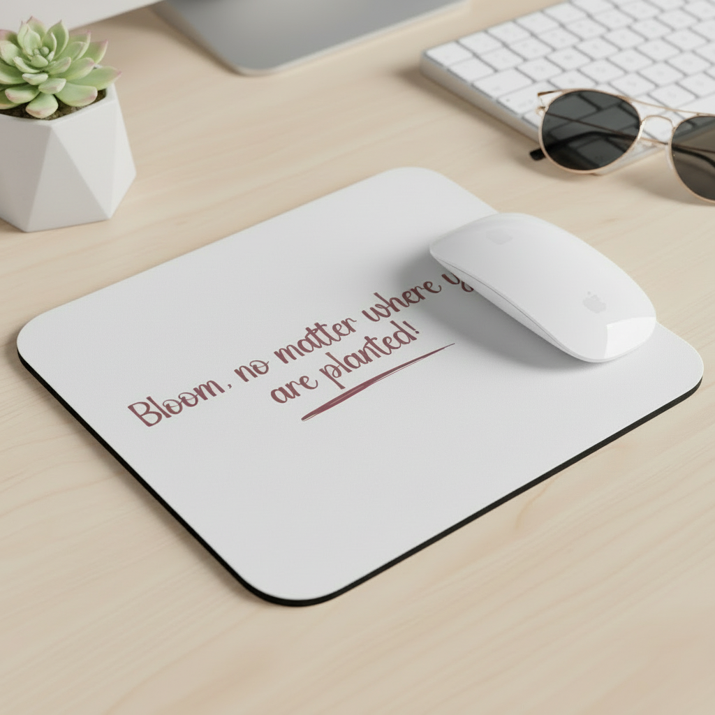 Mouse pad with motivational quote on a desk with a computer mouse, keyboard, and sunglasses.