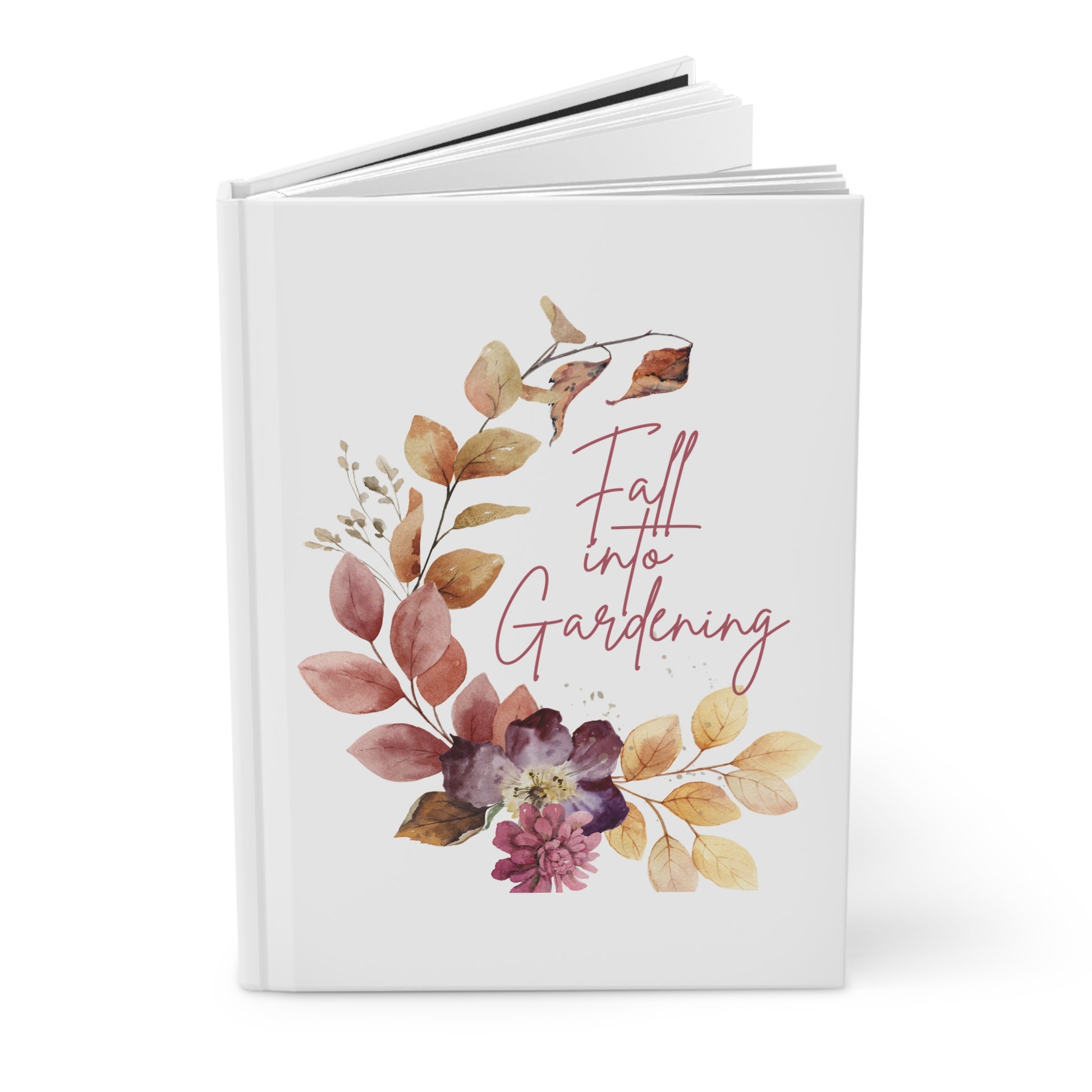 Book with floral design and 'Fall into Gardening' text on a white background