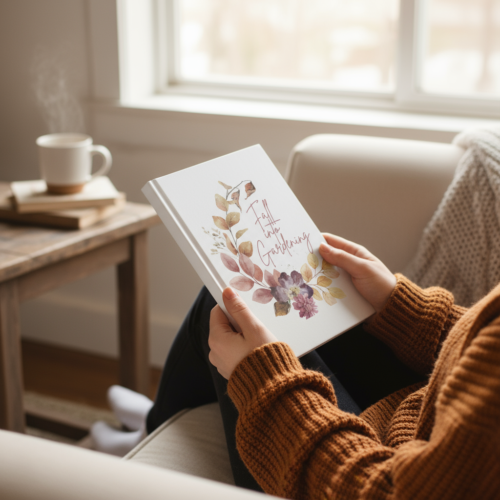 Person reading a book with floral design in a cozy living room.