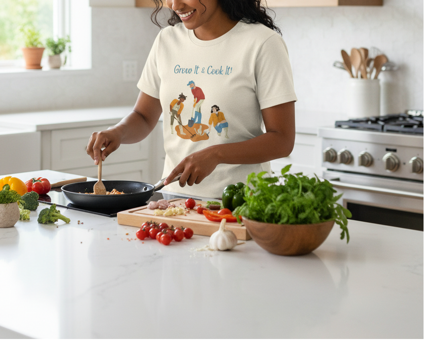 Person cooking in a kitchen wearing a t-shirt with cartoon characters and text.