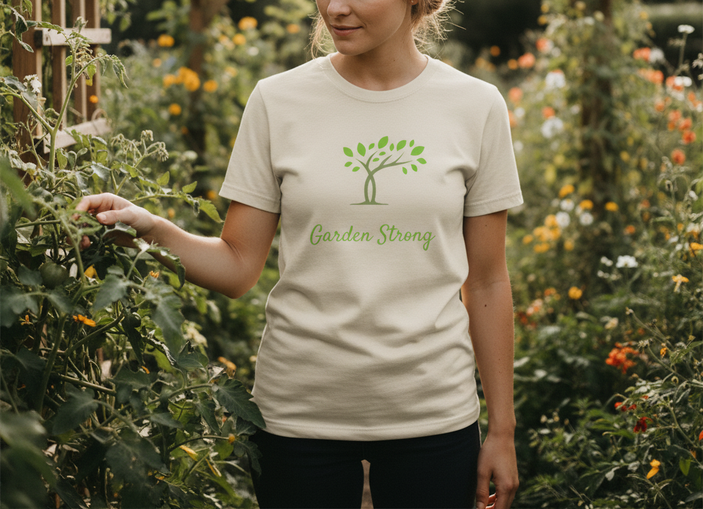 Person wearing a 'Garden Strong' t-shirt in a garden setting