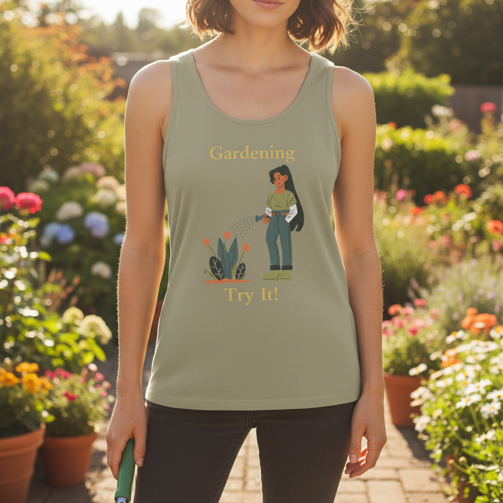 Person wearing a tank top with a gardening graphic and text in a garden setting