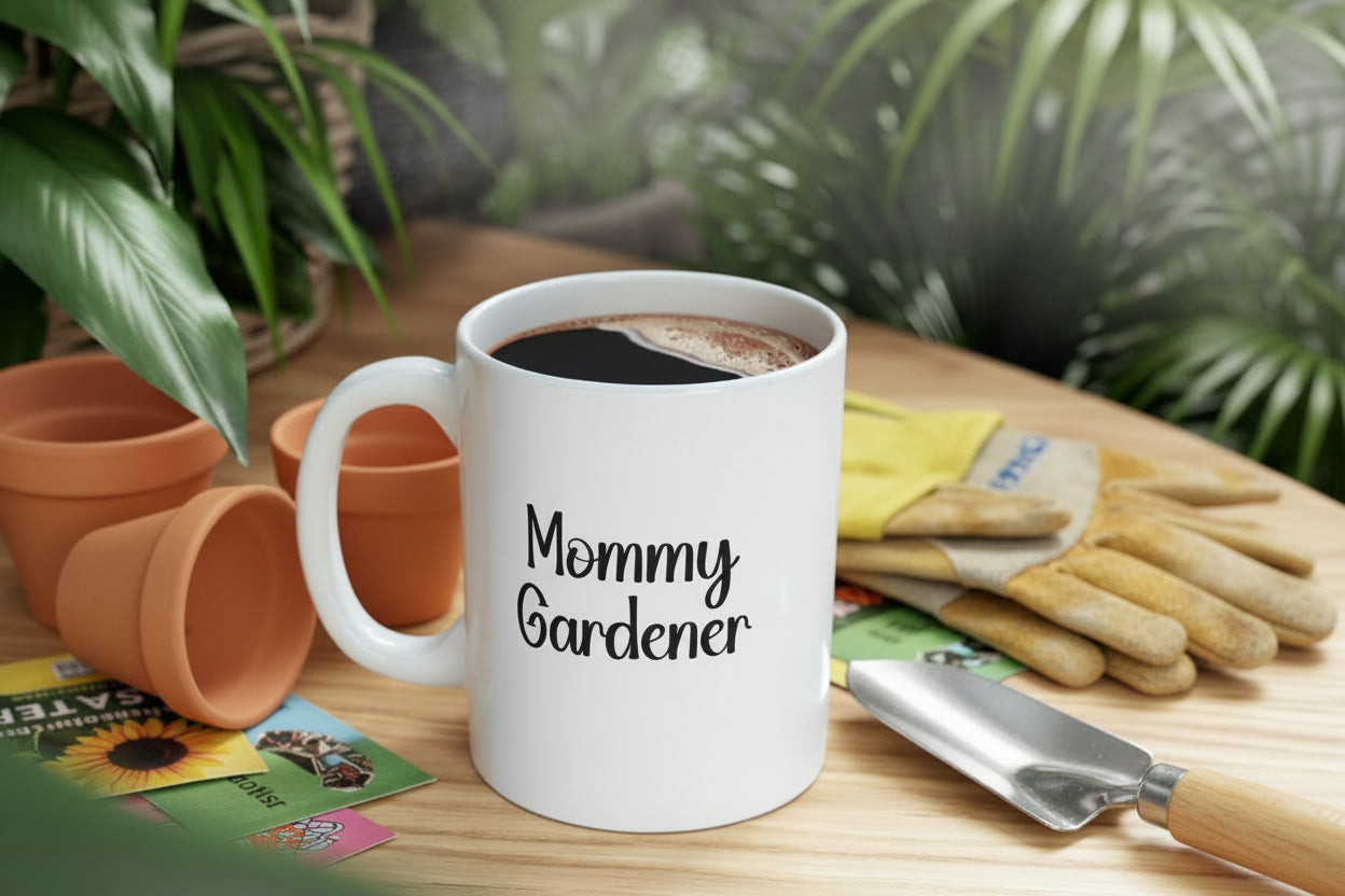 White mug with 'Mommy Gardener' text on a wooden table with coffee.