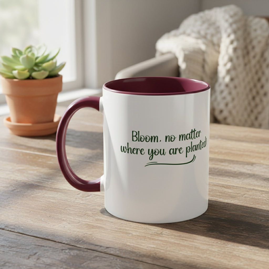 White mug with maroon interior and handle, featuring text on a beige background