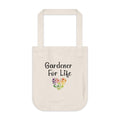 Beige tote bag with 'Gardener For Life' text and heart design on a white background