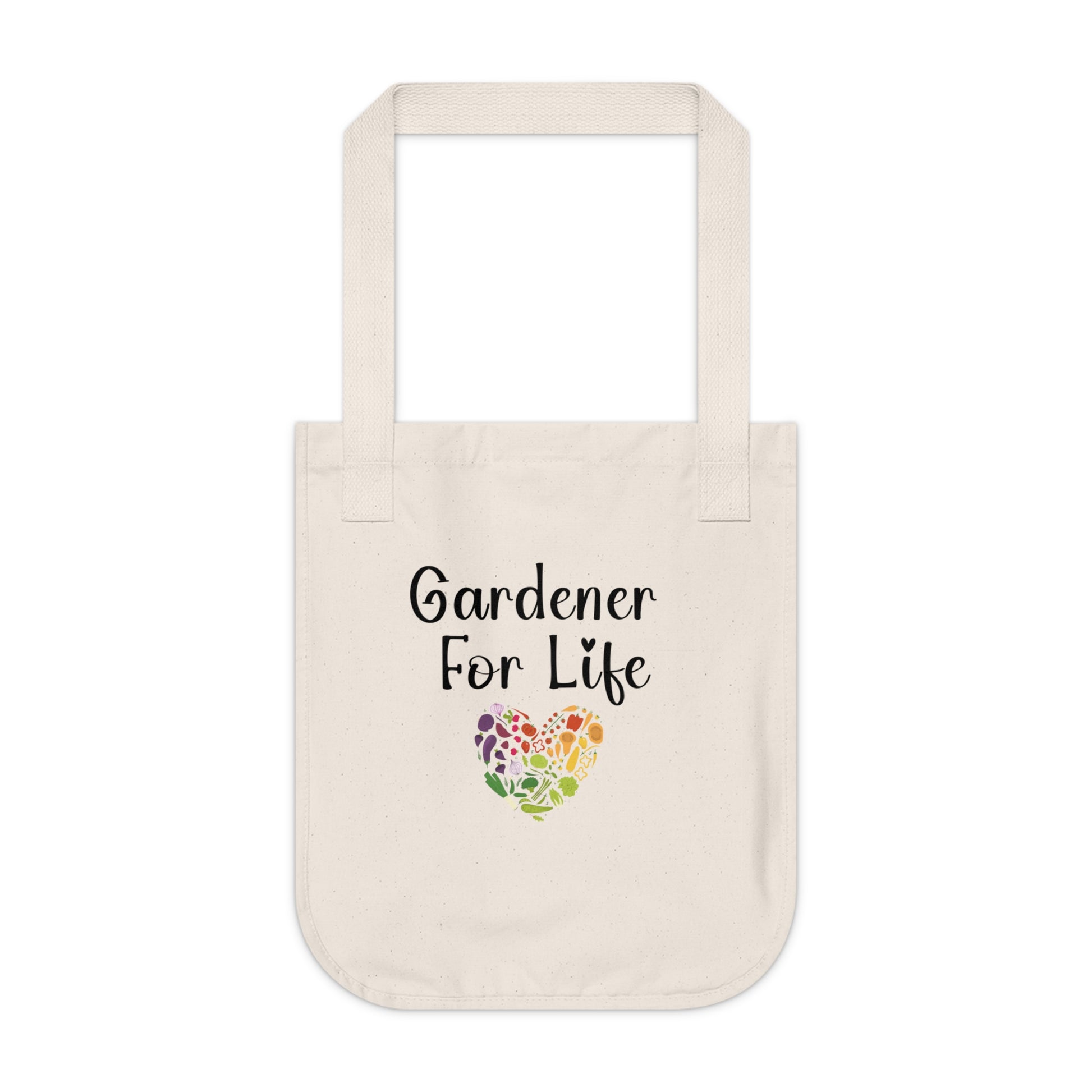 Beige tote bag with 'Gardener For Life' text and heart design on a white background