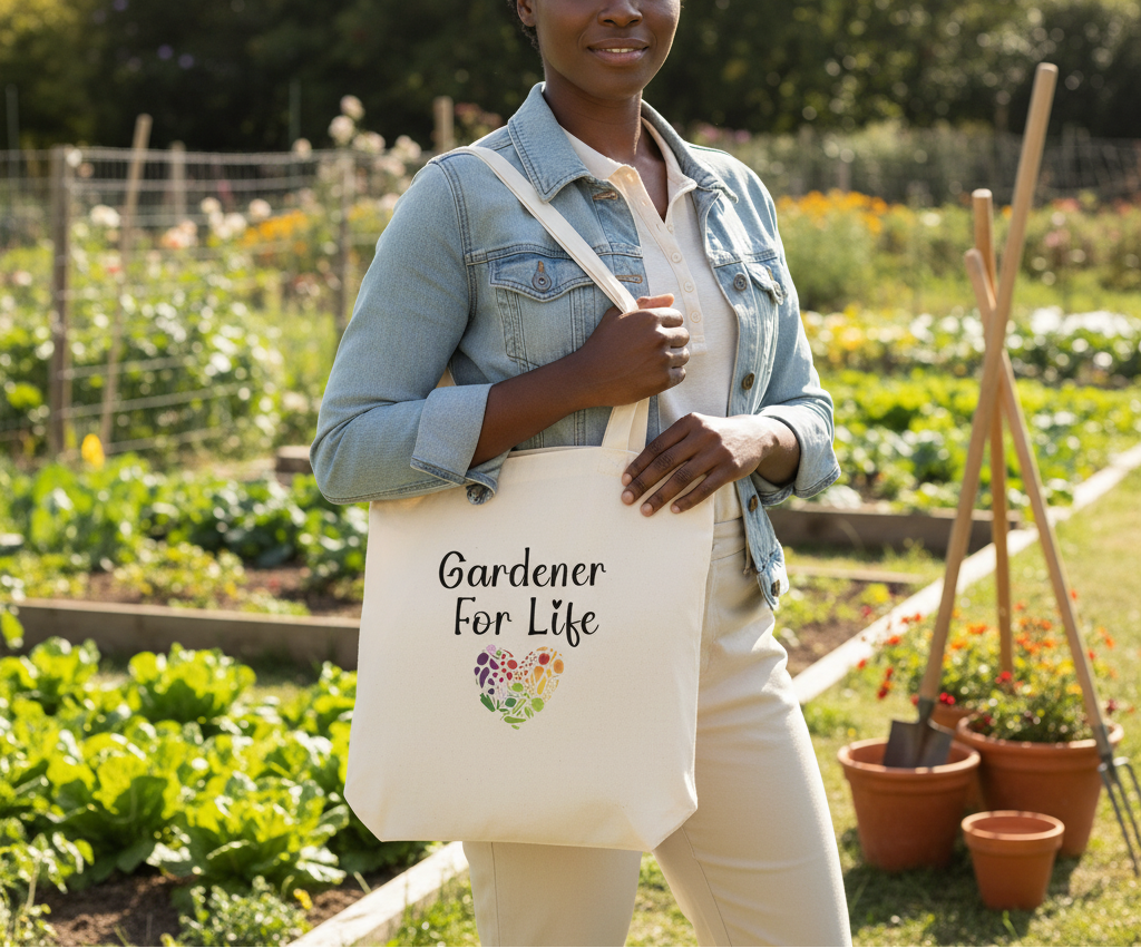 Person holding a tote bag with 'Gardener For Life' text in a garden setting