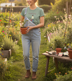 Person in a garden holding a potted plant, wearing a 'Gardening' t-shirt.