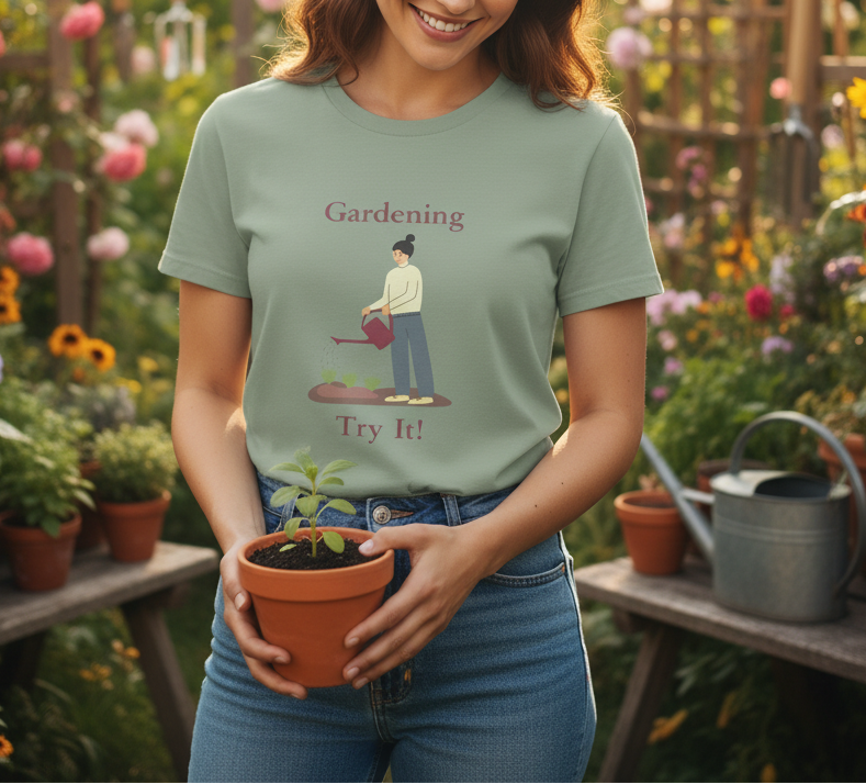 Person wearing a t-shirt with a gardening graphic and text, holding a potted plant in a garden setting.