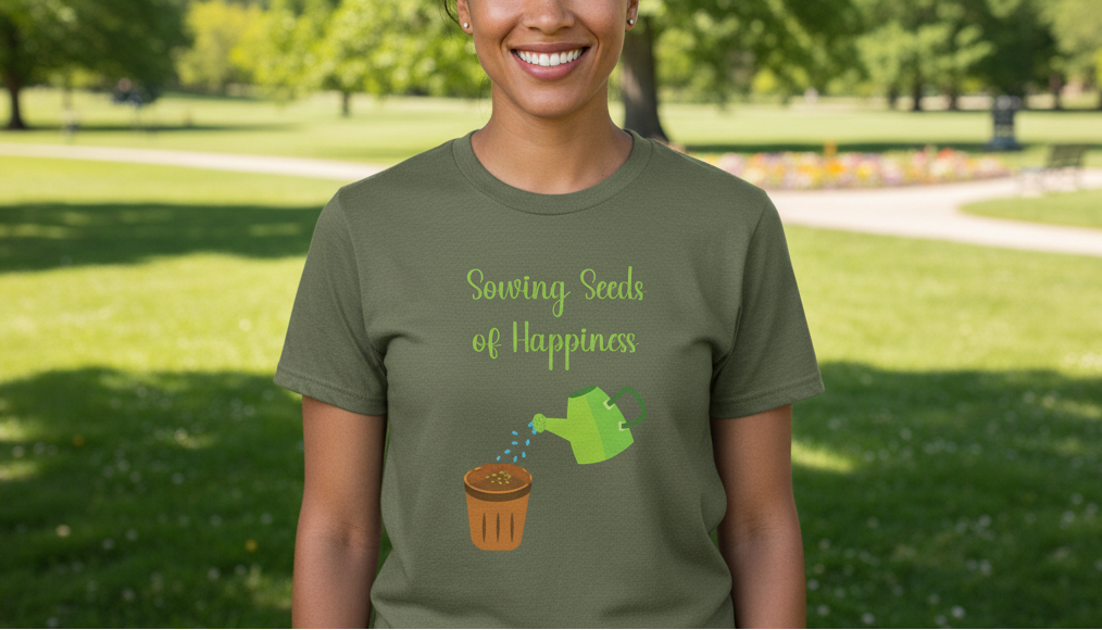 Person wearing a green t-shirt with 'Sowing Seeds of Happiness' and a graphic of a watering can and flower pot in a park.