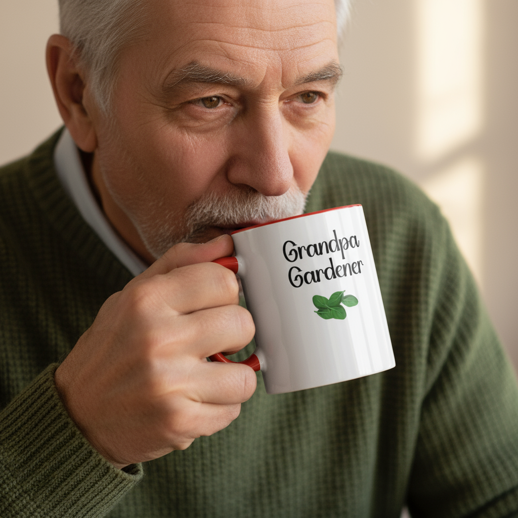 White mug with red interior and handle, featuring 'Grandpa Gardener' text and a leaf graphic on a beige background.