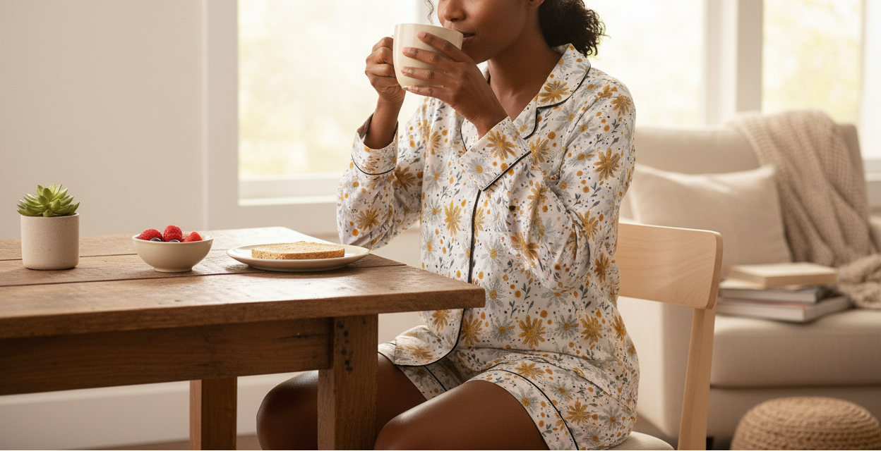 Person in floral pajamas sitting at a table, drinking from a mug with a bowl of fruit and plate on the table.