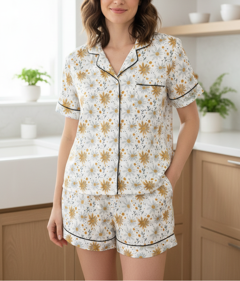 Woman wearing a floral pajama set in a kitchen setting