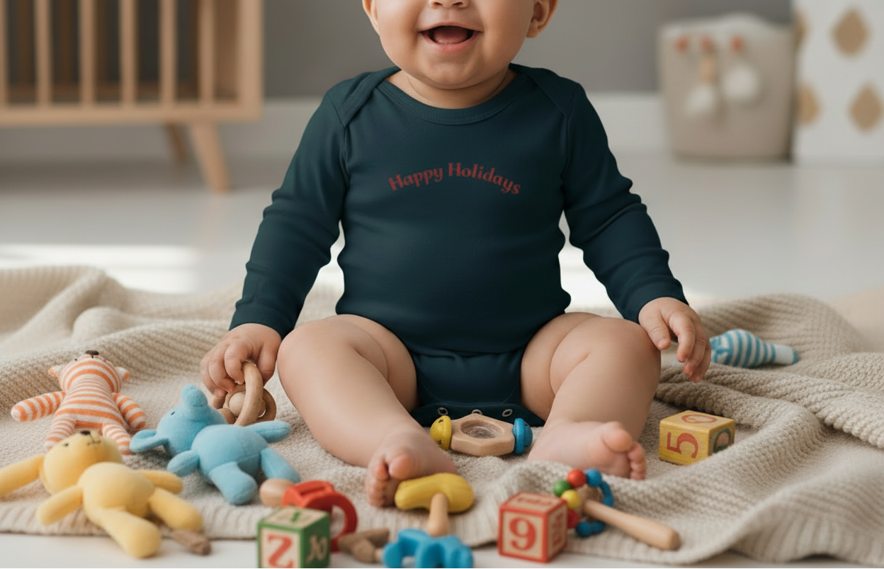 Baby sitting on a blanket with toys around, wearing a dark blue onesie with text.