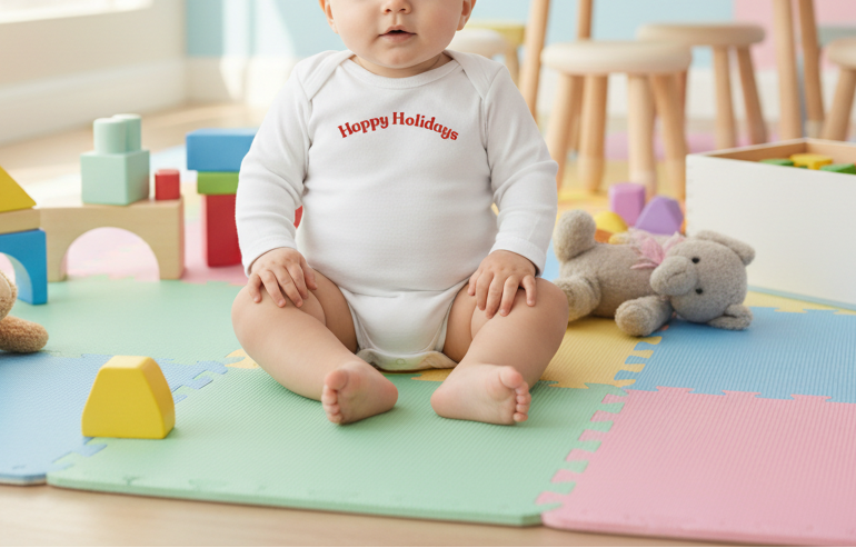 Baby wearing a 'Happy Holidays' onesie in front of Christmas decorations