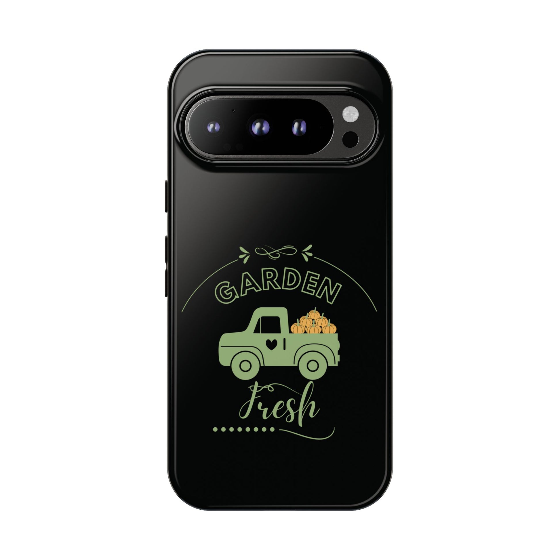 Black phone case with a green truck and 'Garden Fresh' text on a white background