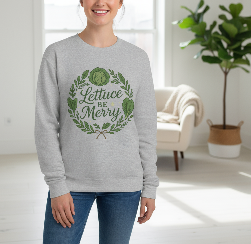 Person wearing a gray sweatshirt with 'Lettuce Be Merry' design in a bright room.