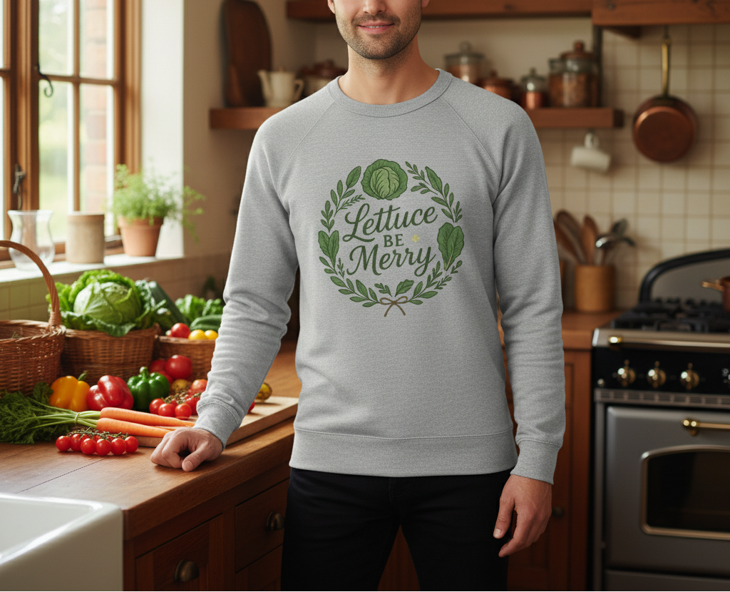 Person wearing a gray sweatshirt with a green graphic in a kitchen