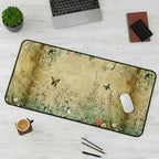 Desk setup with a decorative mouse pad featuring nature design, laptop, notebook, cup, and pens on a dark surface.