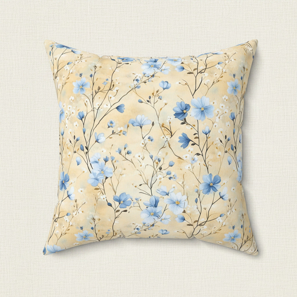 Floral patterned pillow with blue flowers on a beige background