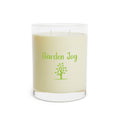 Candle with 'Garden Joy' text and tree design on a white background