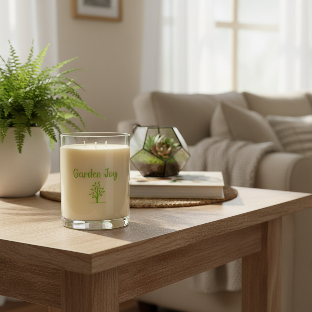 Candle labeled 'Garden Joy' on a wooden table with a blurred living room background