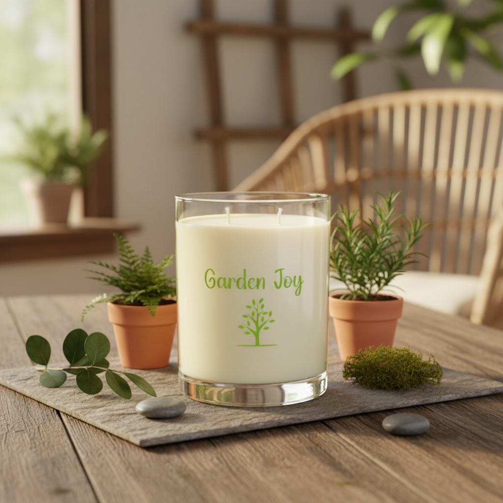 Candle labeled 'Garden Joy' on a wooden table with plants and decor.